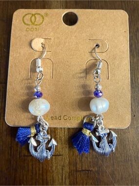 Blue Tassel Anchor Drop Earrings with Pearl Bead